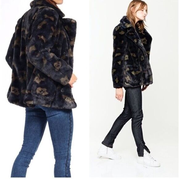 Zadig & Voltaire Miles Leo Green Leopard Faux Fur Coat Size Small - Picture 4 of 14